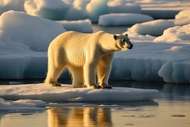 un ours polaire debout sur un bloc de glace dans l'océan Arctique à la recherche de nourriture et d'eau à manger