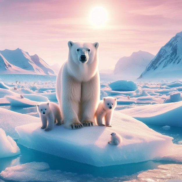 un ours polaire avec deux petits sur une plaque de glace