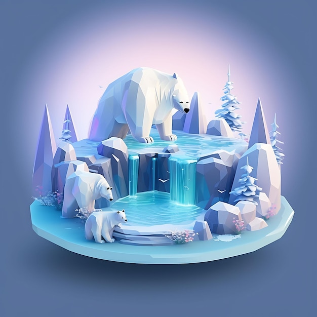 un ours polaire et deux petits sont dans un paysage enneigé.