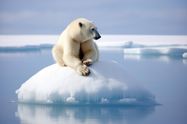 Un ours polaire échoué sur une plaque de glace qui fond