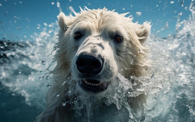 Un ours polaire éclaboussant de l'eau blanche AI générative