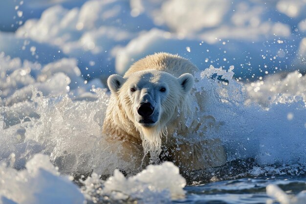 Un ours polaire émergeant des eaux arctiques avec une éclaboussure