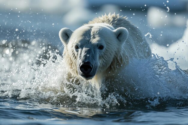 Un ours polaire émergeant des eaux arctiques avec une éclaboussure