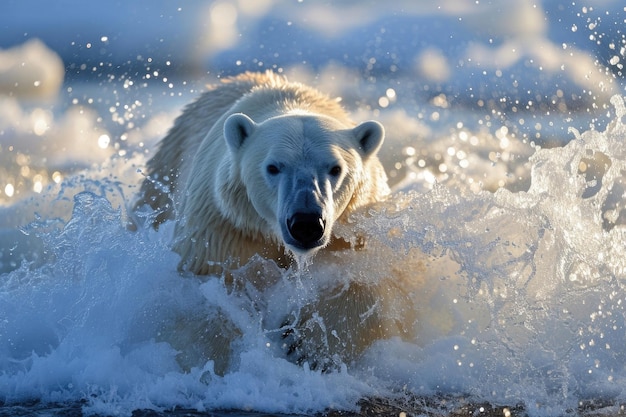 Un ours polaire émergeant des eaux arctiques avec une éclaboussure