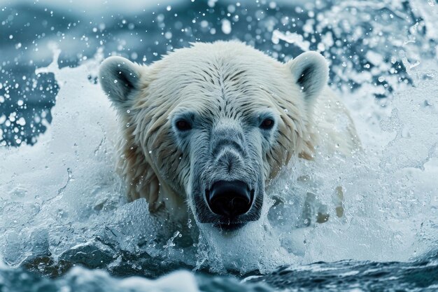 Un ours polaire émergeant des eaux arctiques avec une éclaboussure