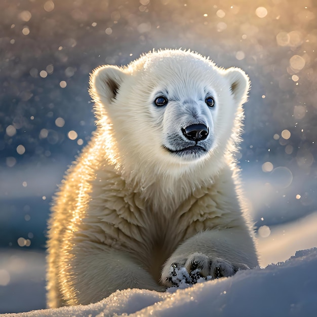 un ours polaire est assis dans la neige avec le soleil brillant sur son visage