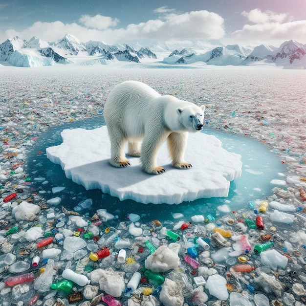 Photo un ours polaire est debout sur une plaque de glace avec de nombreux objets de différentes couleurs