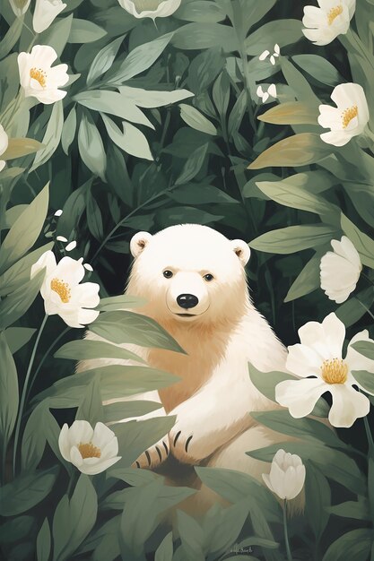 un ours polaire est entouré de fleurs et de plantes.