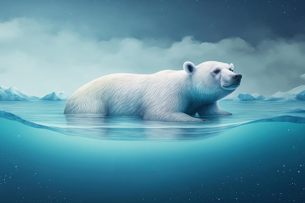 Un ours polaire flotte sur la glace dans un océan bleu.