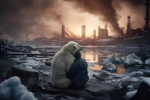 Ours polaire avec un homme sur fond de cheminées fumantes d'usines