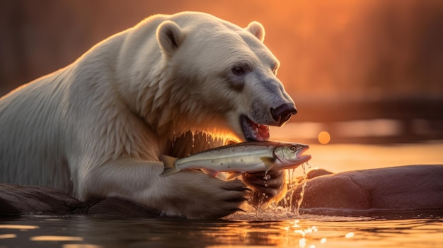 L'ours polaire mange du poisson frais avec joie.