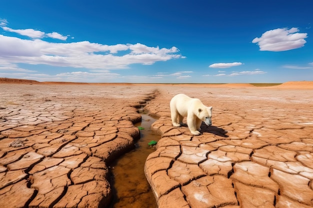 Ours polaire marchant dans le dessert à la recherche d'eau à côté d'une rivière asséchée