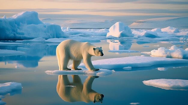 un ours polaire marchant sur la glace dans l'eau