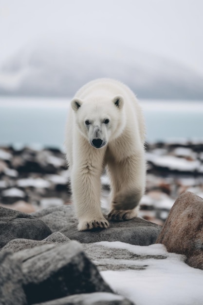 Un ours polaire marchant sur une plage rocheuse Image AI générative