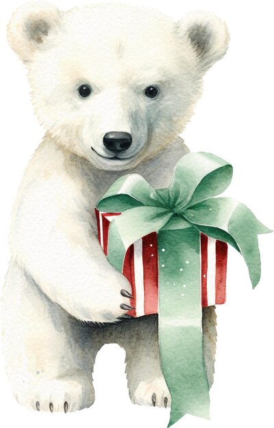 Ours polaire mignon avec aquarelle de boîte-cadeau isolée sur blanc