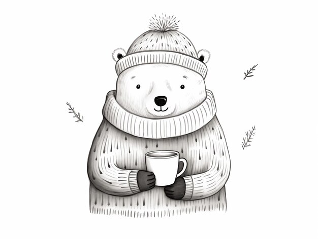 L'ours polaire mignon d'hiver souriant avec une tasse d'illustration en noir et blanc