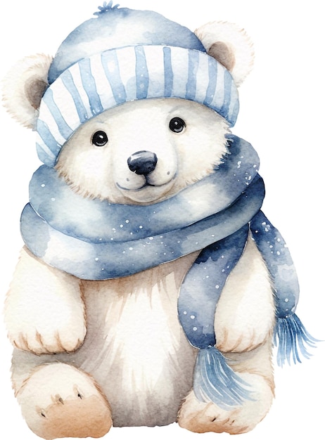 Ours polaire mignon en vêtements d'hiver aquarelle isolée sur blanc