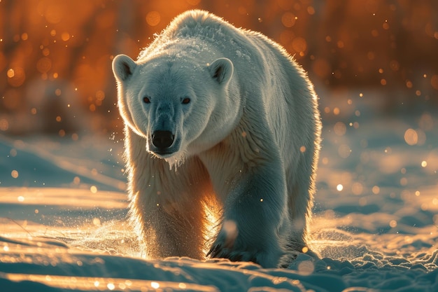 Un ours polaire en mouvement contre le paysage glacé