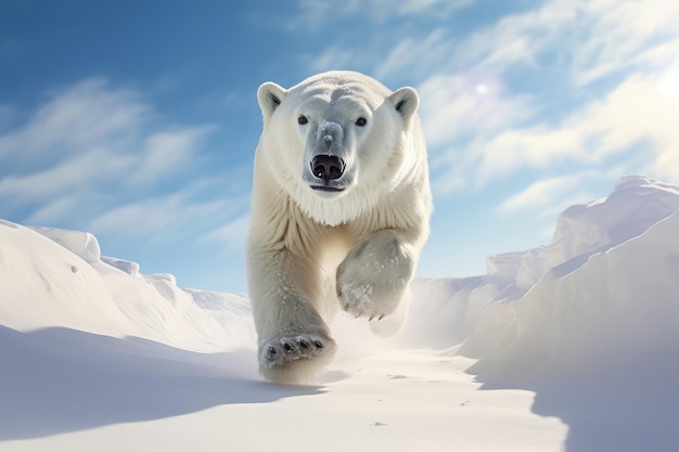 L'ours polaire paysage enneigé la résilience de l'ours39 dans le climat arctique et les détails de ses empreintes de pattes dans la neige fraîche