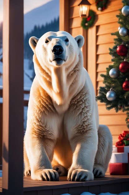 Ours polaire sur le porche de la maison décoré pour le fond de Noël et du nouvel an