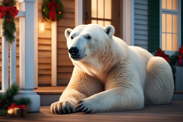 Ours polaire sur le porche de la maison décoré pour le fond de Noël et du nouvel an