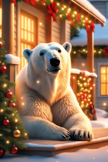 Ours polaire sur le porche de la maison décoré pour le fond de Noël et du nouvel an