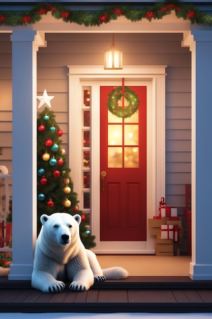 Ours polaire sur le porche de la maison décoré pour le fond de Noël et du nouvel an