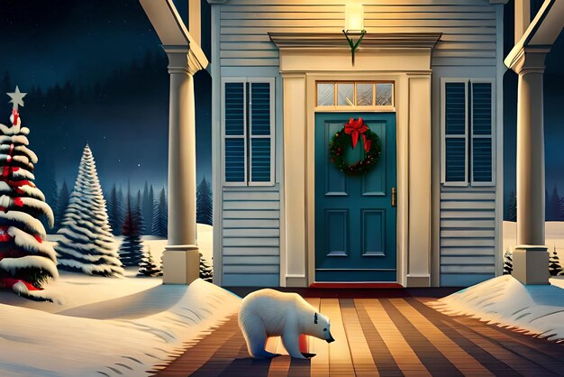 Ours polaire sur le porche de la maison décoré pour Noël et le Nouvel An