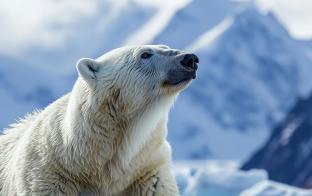 L'ours polaire a un profil impressionnant sur le fond d'un sommet enneigé.