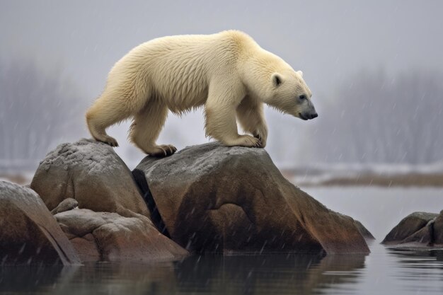 L'ours polaire remonte sur la glace après une chasse infructueuse