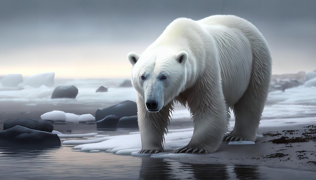Un ours polaire se dresse sur un lac gelé.
