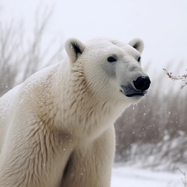 Un ours polaire se tient dans la neige et il neige.