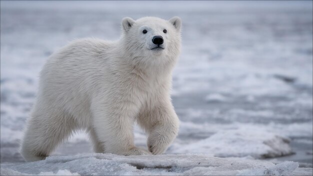 un ours polaire se tient sur la neige et regarde la caméra