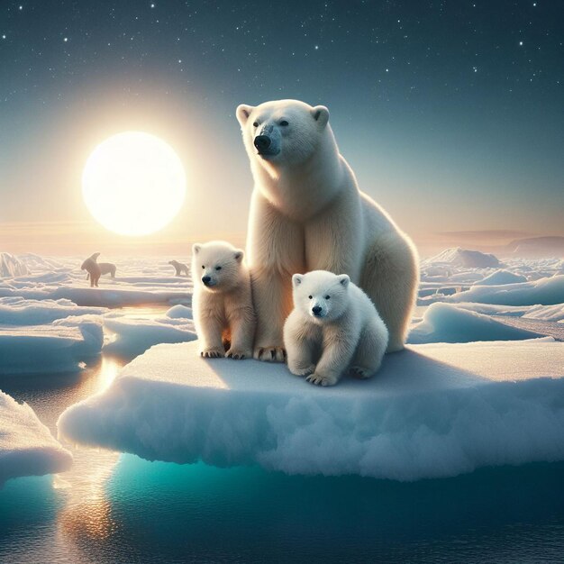 Un ours polaire et ses petits sur le bord d'un bloc de glace avec le soleil arctique à l'horizon