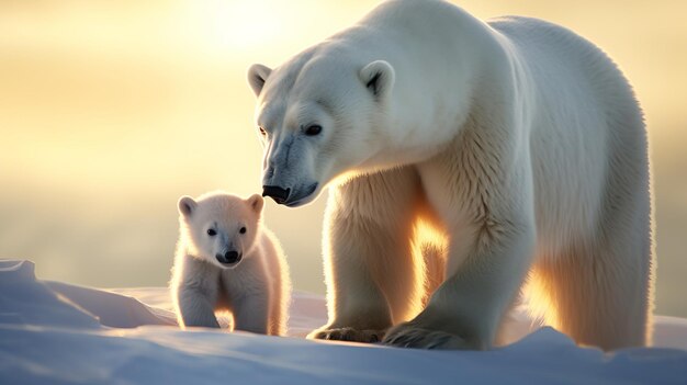 Photo l'ours polaire et son petit sur la glace lumineuse de l'arctique norvégien