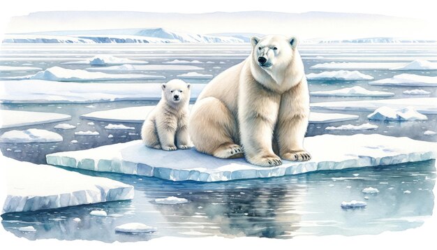 L'ours polaire et son petit sur une plaque de glace