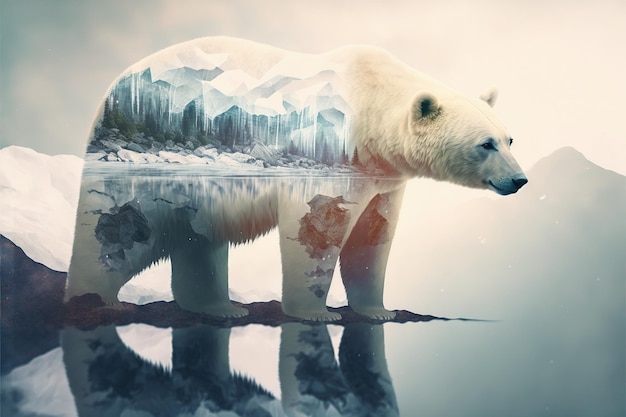 Photo l'ours polaire souffre du changement climatique en double exposition