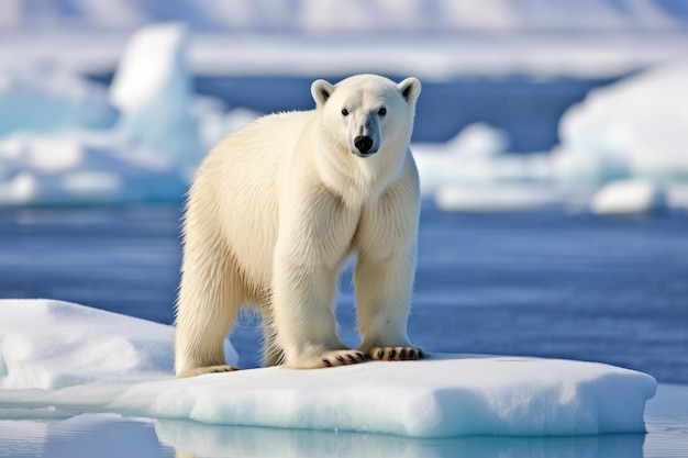 L'ours polaire Ursus maritimus sur la banquise au nord de Svalbard, en Norvège arctique, une image capricieuse d'un ours polaire échoué échoué sur une île stérile.