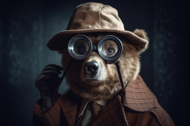 Un ours portant un chapeau et des lunettes pose pour une photo.