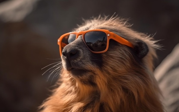 Un ours portant des lunettes de soleil regarde la caméra.