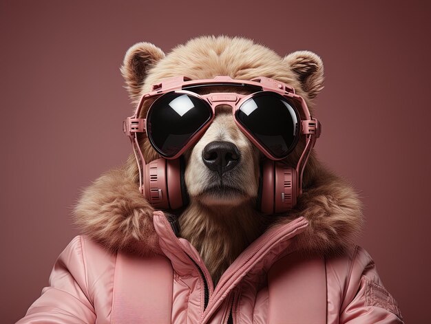 Photo un ours portant une veste rose avec des lunettes de protection et un capuchon taillé en fourrure