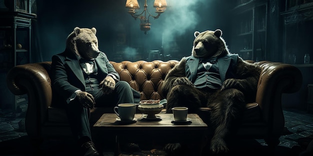 Les ours portent un costume au bureau, les hommes d'affaires ont une réunion assis au bureau.