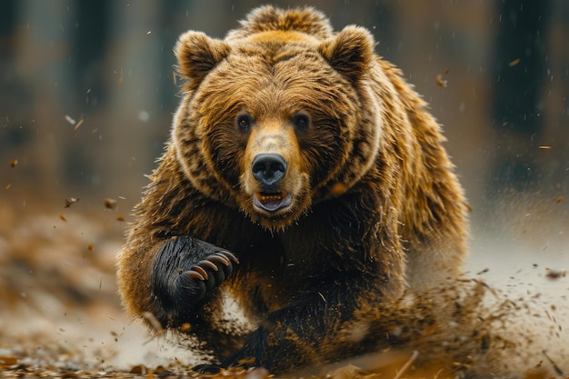 Un ours puissant en mouvement capturé avec un fond flou pour un sentiment de vitesse et d'énergie