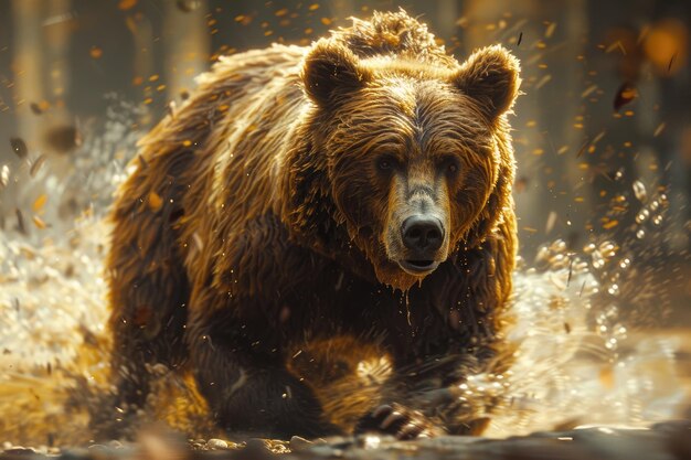 Un ours puissant en mouvement capturé avec un fond flou pour un sentiment de vitesse et d'énergie