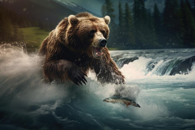 Photo un ours puissant pêche au saumon dans une rivière sauvage ours brun attrapant un poisson dans la rivière en alaska ai généré