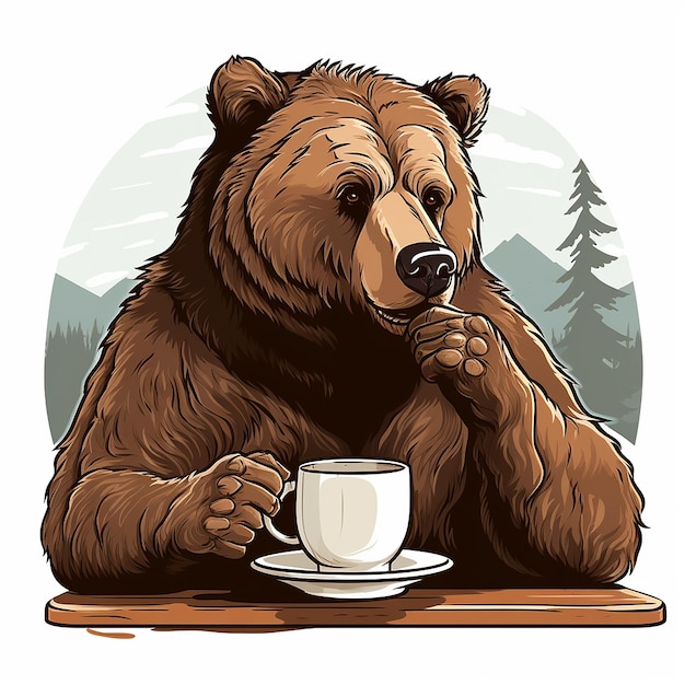 Un ours qui boit du café.