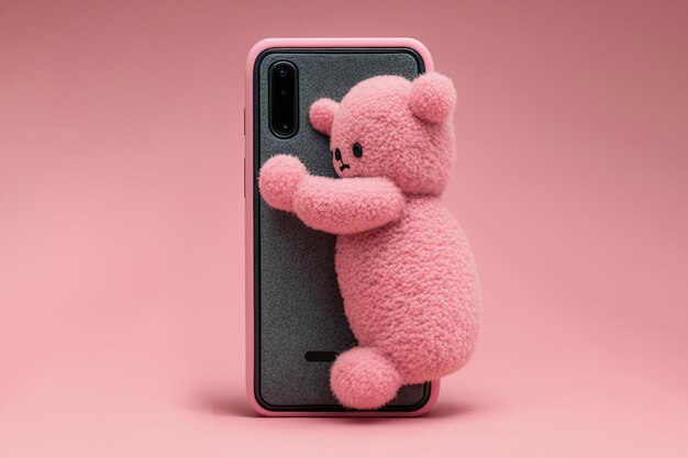 Photo ours rose est heureux avec un cadeau et embrasse un tout nouveau smartphone un cadeau de téléphone pour aimé ai généré