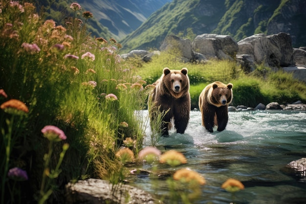 Les ours s'amusent dans un paysage montagneux serein entouré de fleurs sauvages et de ruisseaux cristallins qui transmettent l'esprit ludique des ours et la beauté idyllique de leur habitat naturel.