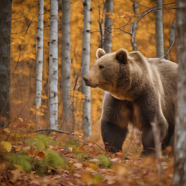 un ours se promène dans les bois avec une forêt de bouleaux