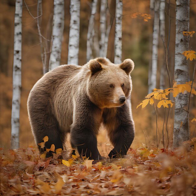 un ours se promène dans une forêt avec des arbres en arrière-plan